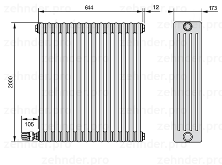 Схема (чертеж) Радиатор Zehnder Charleston 5200/14 №V003 Белый глянцевый RAL 9016